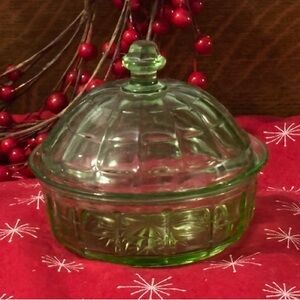 Antique Green Depression Butter Tub with Lid